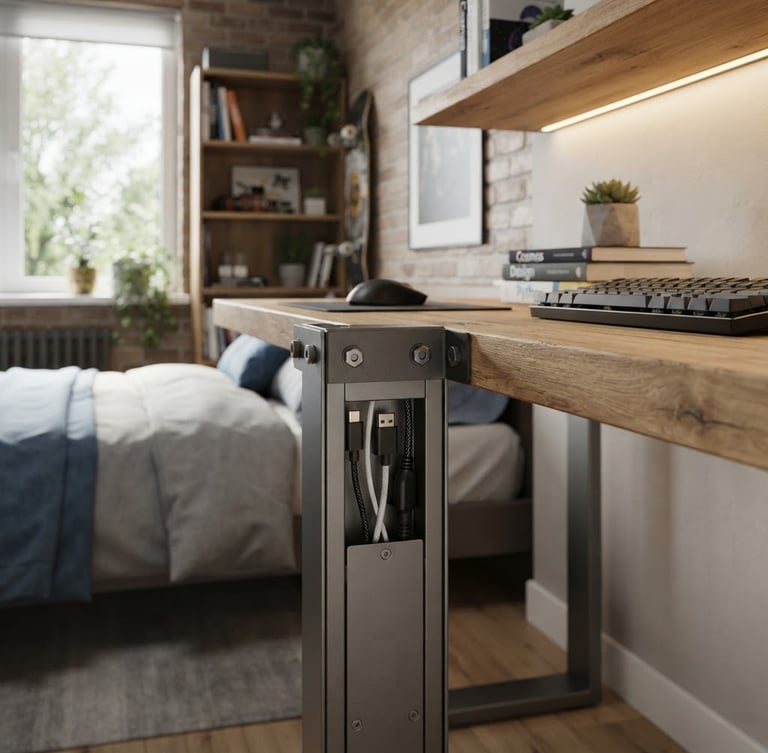 Close-up of a modular steel and oak desk joint with integrated cable management channel, bathed in soft natural daylight with warm LED accents, in a neat teen bedroom, wide shot.