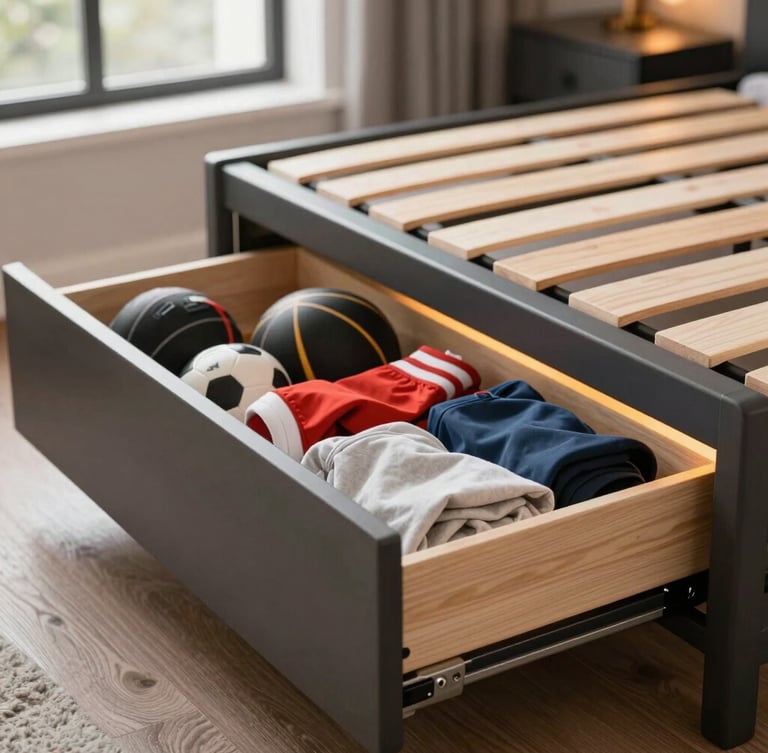 Teen bedroom showing a modular bed frame with hidden storage drawers open, revealing sports equipment and off-season clothes neatly organized, natural window light, tight macro shot of drawer mechanism.