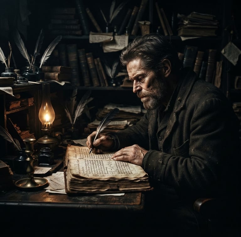 Dramatic high-contrast portrait of a writer in a dark study, single-source light illuminating an open ancient text on a wooden desk, deep shadows, 35mm film grain
