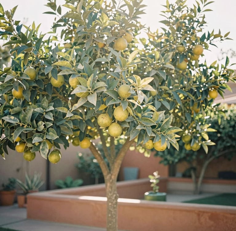Sun-dappled backyard garden in Riverside with dusty green citrus trees, warm hazy sunlight filtering through leaves, soft focus, warm editorial look