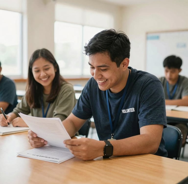 Candid medium shot of a volunteer mentor and a local adult sitting together at a wooden table in a community center, looking over a worksheet and laughing, soft daylight, warm approachable tones, 35mm lens