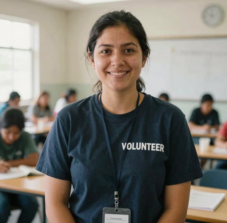 A warm, candid portrait of a friendly volunteer mentor in a sunlit community center, smiling gently at the camera, soft natural daylight, 35mm lens.