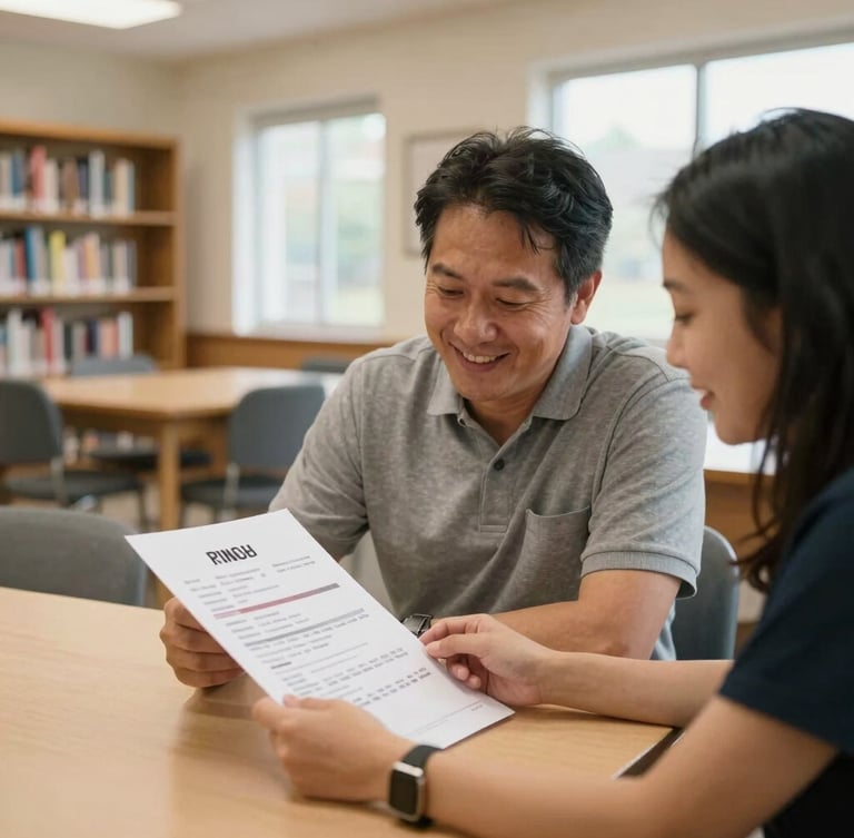 A warm, daylight-filled room in a local library where a friendly mentor and a local adult sit at a table, smiling and looking over a printed resume together, candid documentary style.