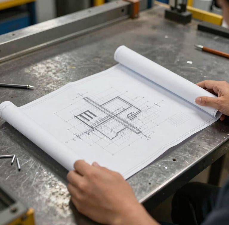 Close-up of hands holding a technical blueprint over a metal workbench, high-contrast industrial lighting, sharp focus on blueprint lines