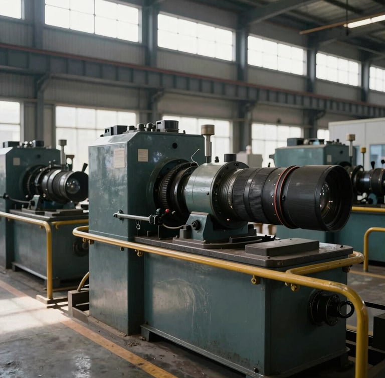 Wide environmental shot of a busy industrial manufacturing plant, natural warehouse light streaming through high windows, heavy machinery in sharp focus, 35mm lens