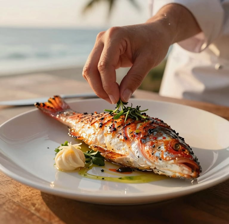 A close-up of a chef artfully plating a grilled red snapper dish with local herbs, warm natural light, shallow depth of field