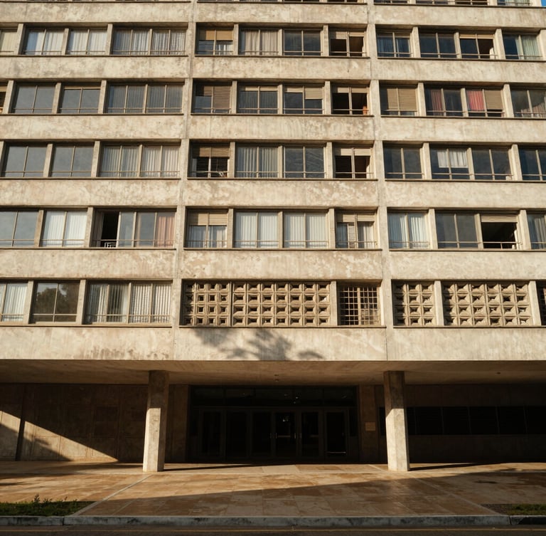Wide architectural shot of a modernist Brasília apartment building facade, concrete pilotis on the ground floor, geometric cobogó screen casting soft afternoon shadows on the floor, warm sunlight.