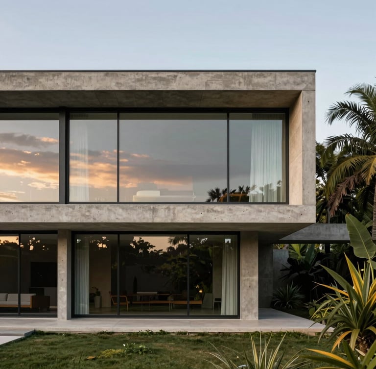 Modernist concrete villa facade in Lago Sul, wide glass windows reflecting the warm afternoon sky, minimal structural columns, tropical garden framing the right side.