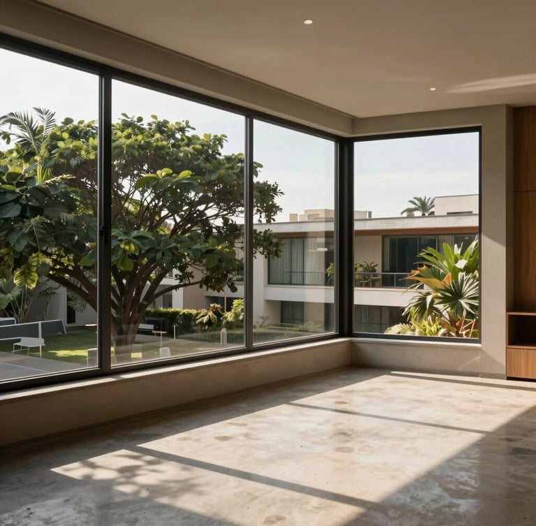 Interior of a high-end Brasília apartment, large modernist windows showing green treetops outside, warm afternoon sun casting geometric shadows, concrete floor.