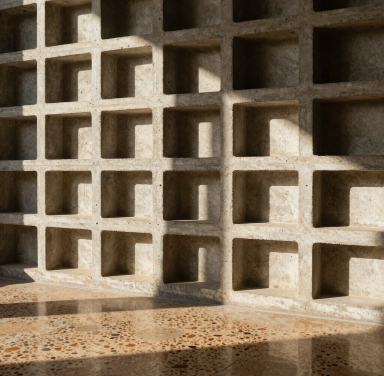 Close-up of concrete cobogó screen, warm afternoon sun casting sharp geometric shadows on a polished terrazzo floor inside a Brasília apartment.