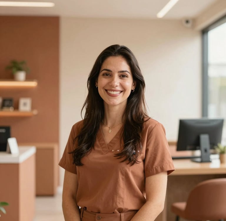Portrait of a friendly, professional APN Informática team member, mid-shot, smiling warmly, in a local retail environment in Vale do Ribeira, soft natural daylight, terracotta and sand tones.