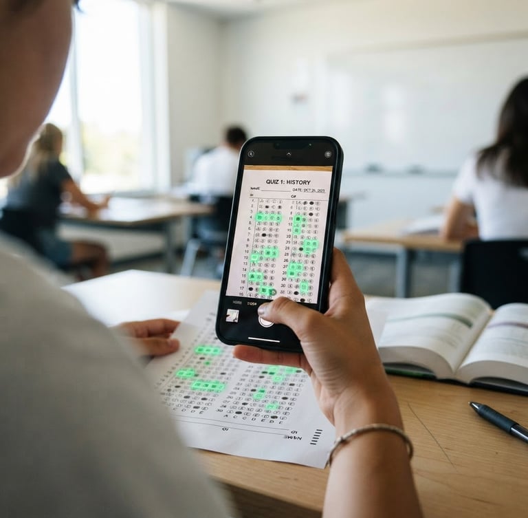 Close-up over-the-shoulder shot of a modern smartphone screen actively scanning a paper bubble sheet exam with green digital overlays, vibrant tech photography, bright high-contrast lighting, clean modern setting, sharp focus, 35mm