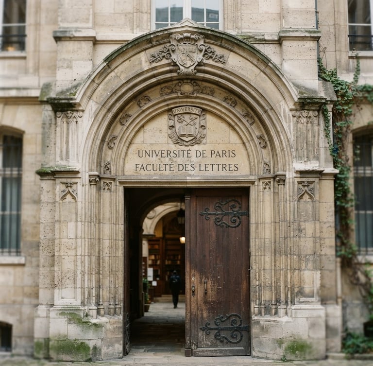 Dignified architectural detail of a classic Parisian university stone archway, soft natural afternoon daylight, shallow depth of field, 35mm film.