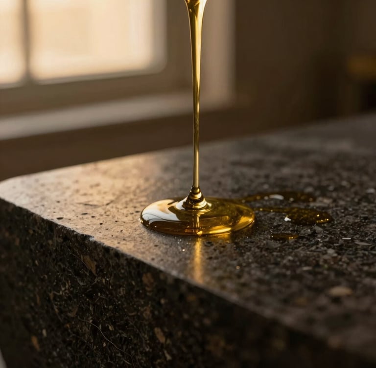 Macro shot of golden oil slowly trickling down a dark basalt stone, warm low-key lighting, soft shadows, 35mm.