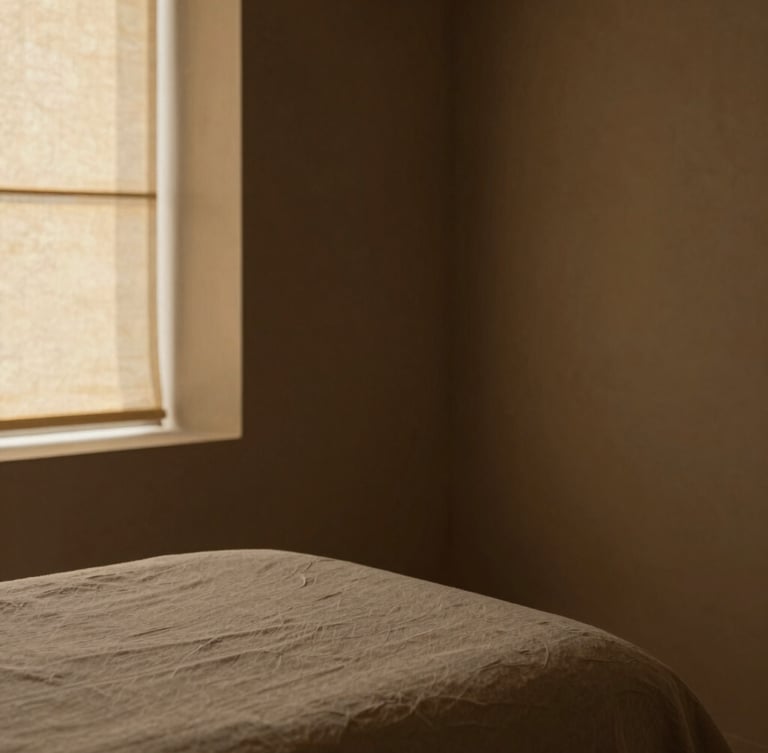 Minimalist architectural detail of a quiet room at Aurum Spa, soft linen textures, warm low-key golden-hour light, rich muted earth tones, 35mm