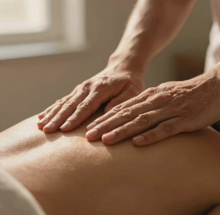 Macro close-up of skilled hands performing deep tissue massage on a shoulder, warm golden-hour light, soft shadows, shallow depth of field, 35mm.