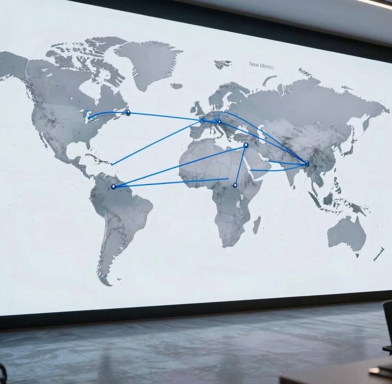 A wide-angle photograph of a modern North American / Global Turkish office. A large digital screen in the background shows a world map with Soft Steel Blue connection lines between New Mexico, Japan, and the UAE. The atmosphere is professional and global.