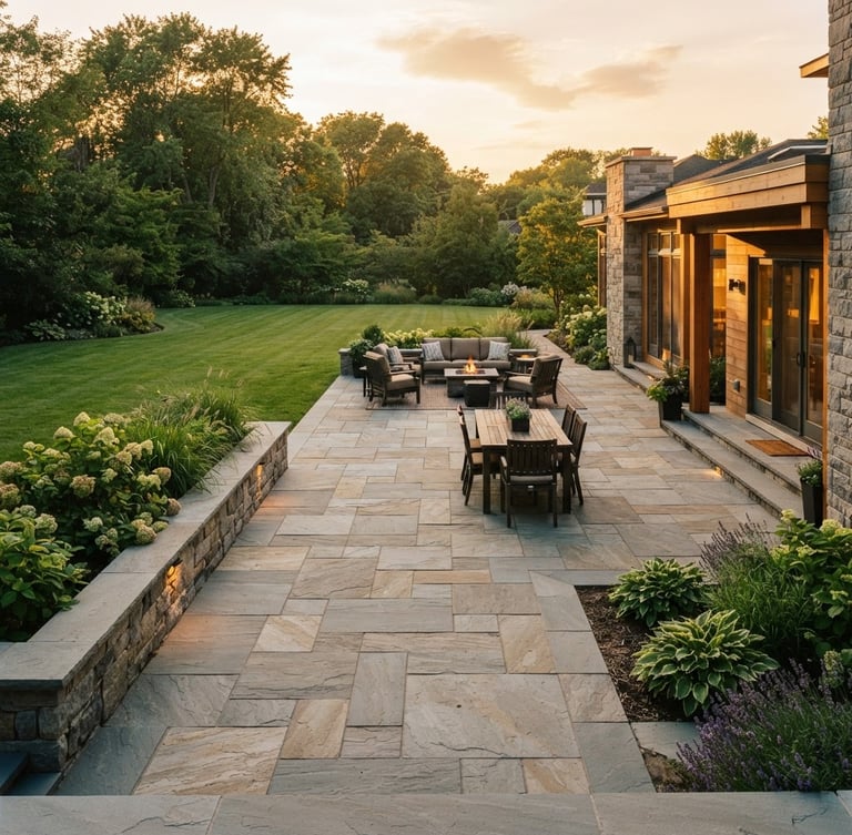 Elevated wide angle of a completed premium stone patio at golden hour, dry-laid flagstone with tight joints, clean architectural lines bordering a lush green lawn, warm sunlight casting long soft shadows, 35mm architectural photography.
