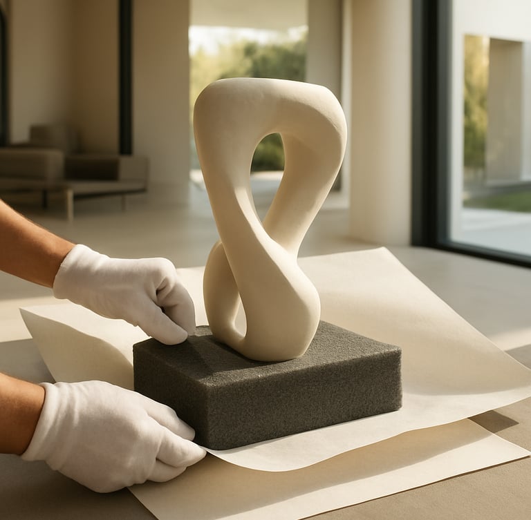 Gloved hands carefully wrapping a high-value contemporary sculpture in custom protective foam and thick archival paper inside a clean modern villa