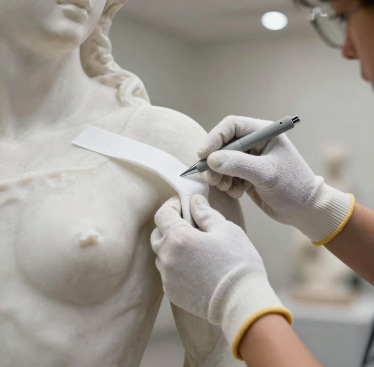 Close-up of gloved hands carefully wrapping a classic marble sculpture in specialized white protective foam, clean indoor gallery lighting, sharp focus on texture