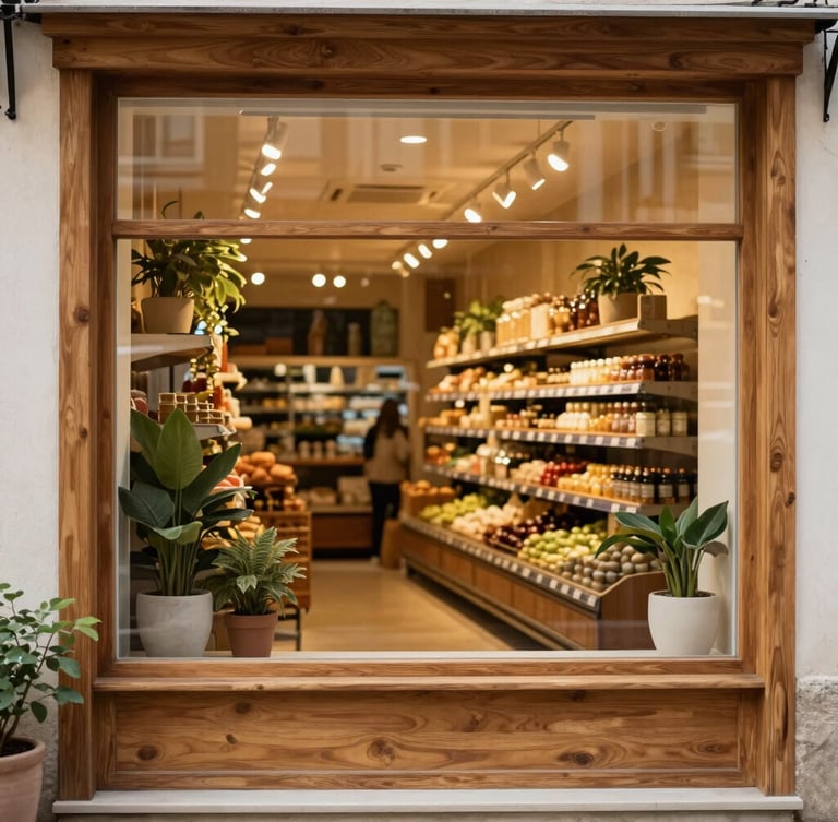 Warm editorial photography of a boutique grocery storefront in Kadıköy Moda, wooden frame, large glass window showing warm interior lights, plants outside, daytime