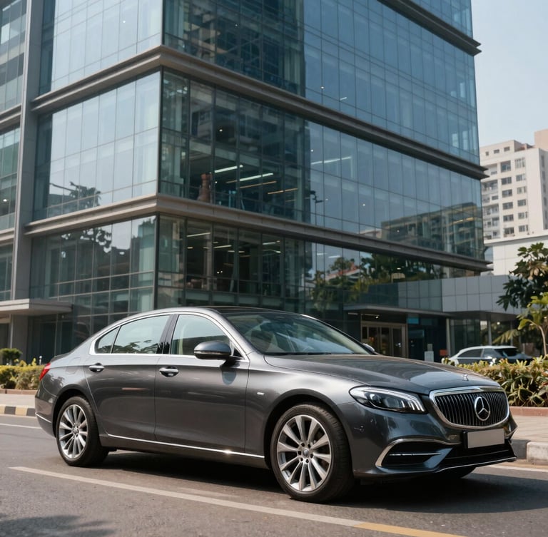 A premium dark metallic sedan parked outside a modern glass corporate office building in Mumbai during bright daylight, sharp clean lines, architectural reflections