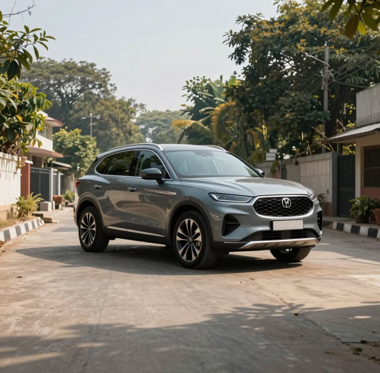 A modern premium SUV parked on a clean concrete driveway in South Delhi, bright morning sunlight casting crisp shadows, wide-angle cinematic shot