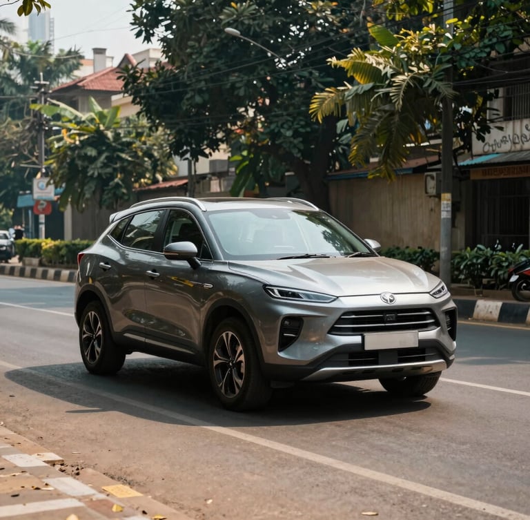 A sleek modern SUV parked on a clean urban boulevard in Bangalore during bright morning daylight, cinematic road-trip aesthetic, rich saturated tones.