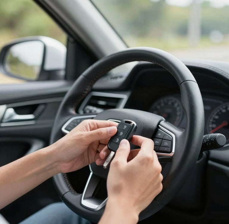 A close-up shot of a driver's hands holding a clean car key, with a modern vehicle steering wheel and clean dashboard visible in the soft-focus background, natural daylight.