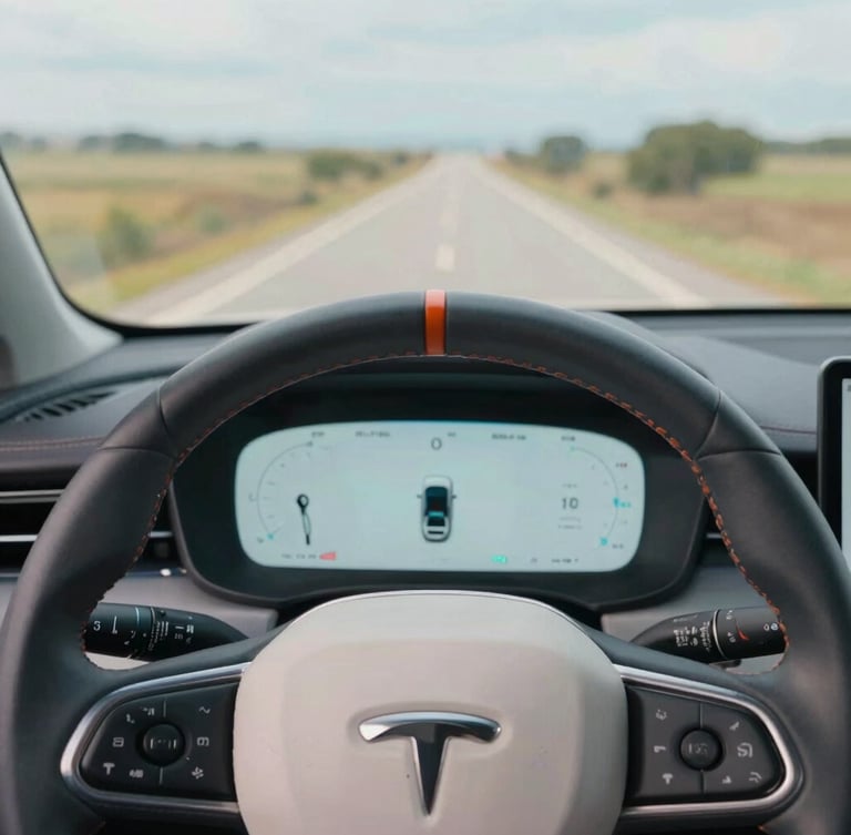 Close-up of a modern car steering wheel and clean digital dashboard, bright natural daylight, rich saturated tones, cinematic road-trip aesthetic.