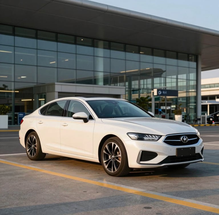 A clean premium sedan parked at an airport terminal drop-off zone under golden hour light, modern glass architecture in the background