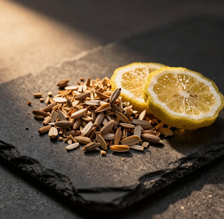 Close-up of raw perfume ingredients like crushed vetiver and sliced bergamot on a dark slate, dramatic studio lighting, golden hour highlights, 85mm lens