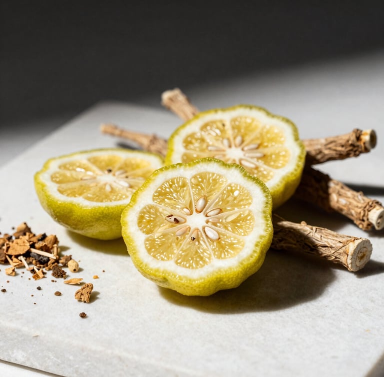 Close-up macro of raw perfume ingredients, sliced bergamot and crushed vetiver roots on a minimalist white stone surface, elegant side lighting, sharp shadows