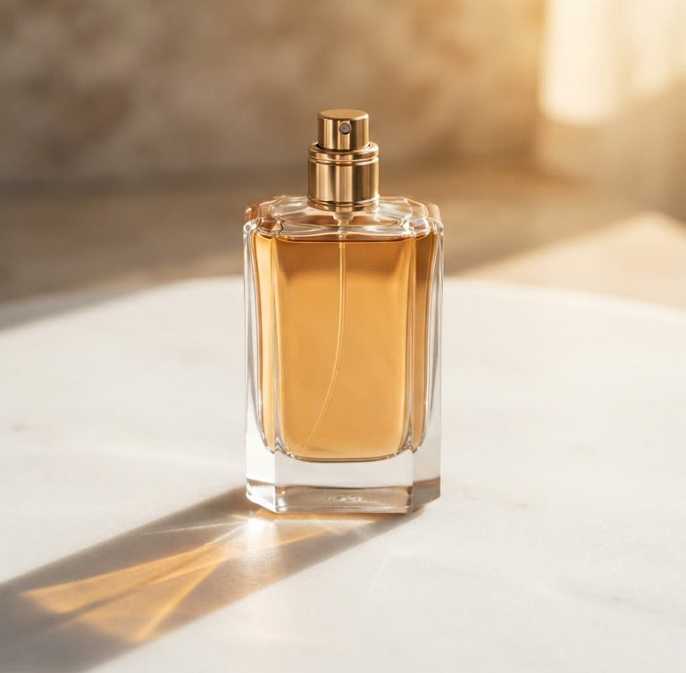 Macro product photography of a sleek glass perfume bottle casting a sharp, elegant shadow on a pristine white surface, dramatic golden hour highlights, 85mm lens, high-end editorial.
