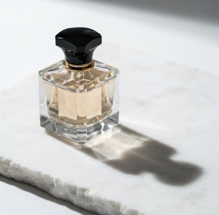 Sleek glass perfume bottle of ALLUMERE casting sharp, elegant shadows on a minimalist white stone surface, dramatic studio lighting, high-end editorial photography, 85mm lens