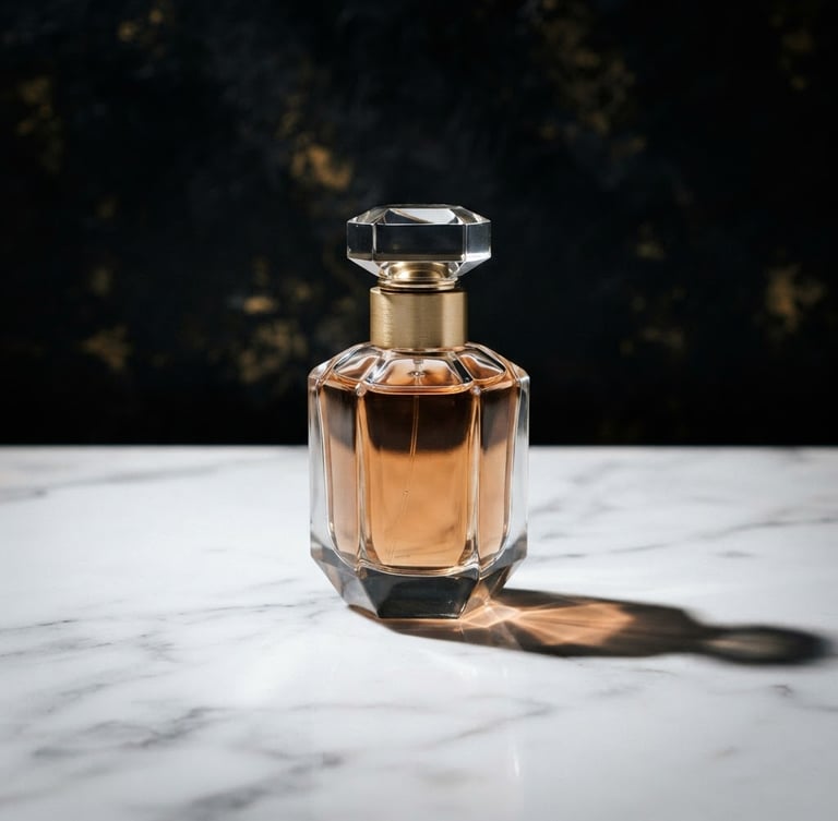 Sleek glass perfume bottle casting sharp, elegant shadows on a white marble surface, dramatic studio lighting, gold accents, high-end editorial, 85mm lens