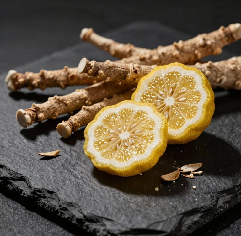 Dramatic close-up of raw perfume ingredients, sliced bergamot and crushed vetiver roots on a dark slate background, sharp directional shadows, editorial studio lighting