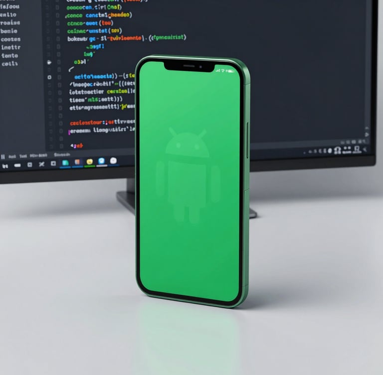 Crisp macro shot of a high-fidelity Android device mockup on a clean developer desk, vibrant tech-green and deep slate tones, sharp focus on clean code editor in background