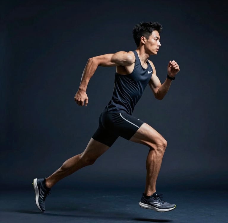 Dynamic athletic photography of a runner in sharp focus, high-contrast cool studio lighting, deep navy background, dramatic side-lighting