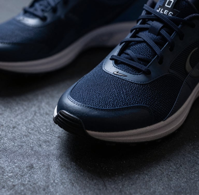 Close-up macro shot of athletic gear on a dark textured surface, cool tones, sharp shadows, dramatic lighting