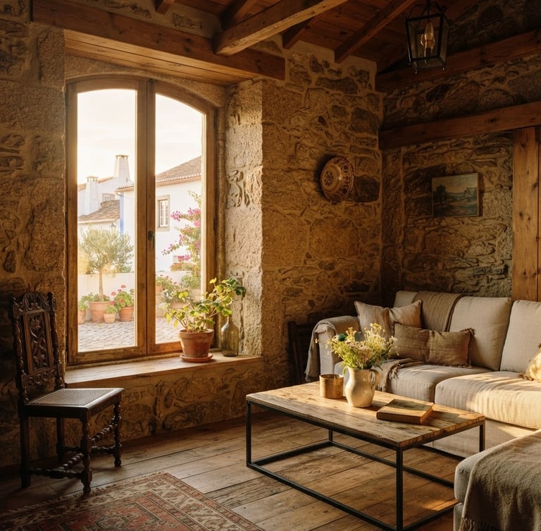 Sun-drenched Portuguese interior featuring natural stone walls, warm wood detailing, and golden-hour light streaming through a tall window, 35mm photography