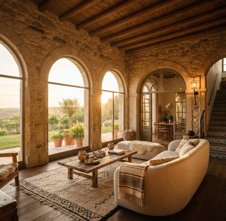 Warm editorial photography of a modern Portuguese villa interior with natural stone walls, golden-hour sunlight streaming through arched windows, wide angle, 35mm.