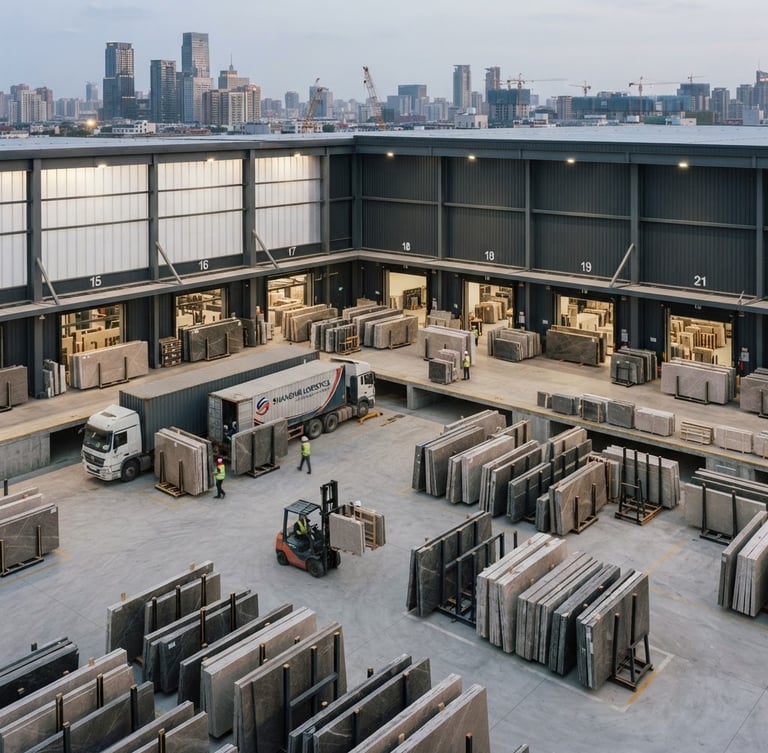 High-angle technical architectural shot of a clean industrial warehouse loading bay in Shanghai, soft natural side-light highlighting stacked quartz slabs, 35mm