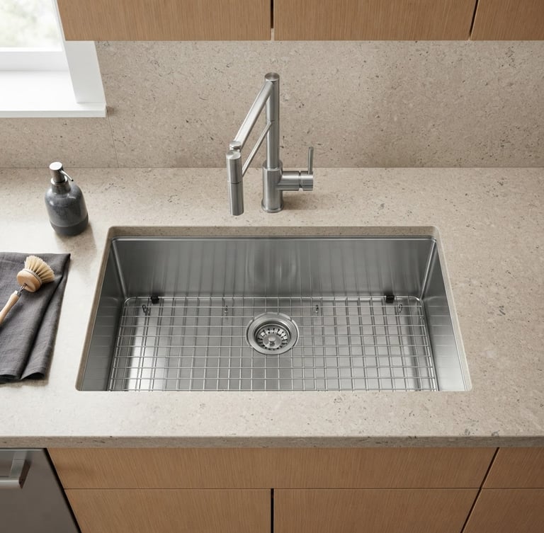 High-angle technical architectural shot of a modern undermount stainless steel kitchen sink integrated into a warm stone quartz countertop, crisp studio lighting, sharp focus, 35mm