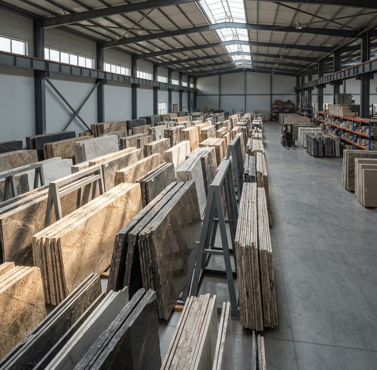 High-angle technical architectural shot of raw premium quartz slabs stacked in a clean, modern Shanghai warehouse, crisp side lighting highlighting fine veining, warm stone beige and charcoal gray tones, sharp focus.
