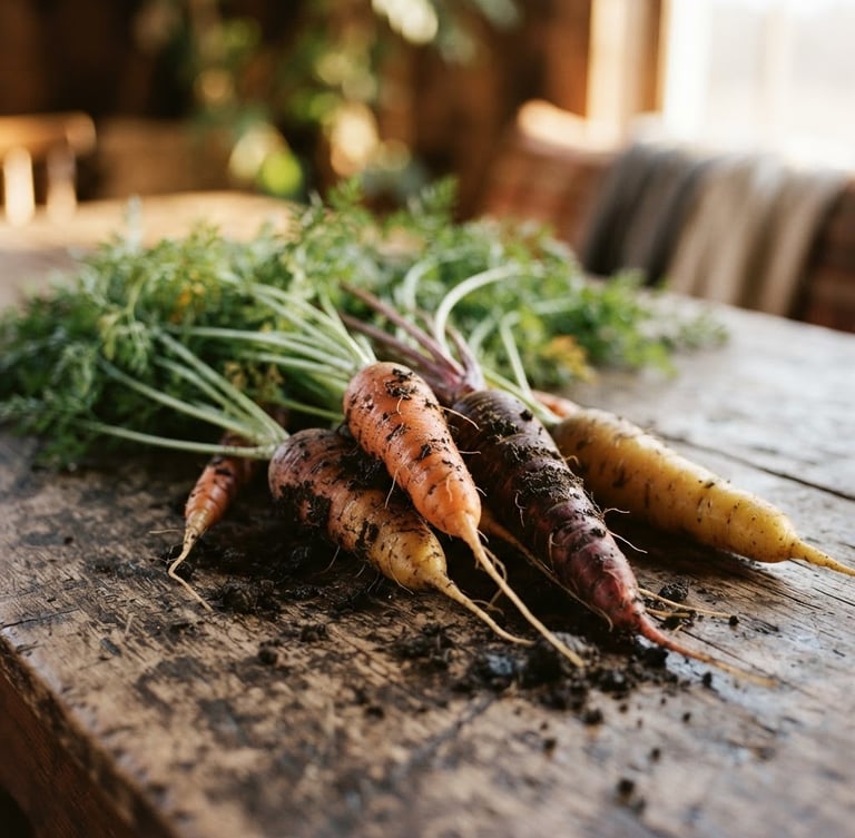 Rustic editorial photography of freshly harvested heirloom carrots with dark soil clinging to the roots, lying on a weathered wooden farm table, early-morning golden hour light, shallow depth of field, 35mm film