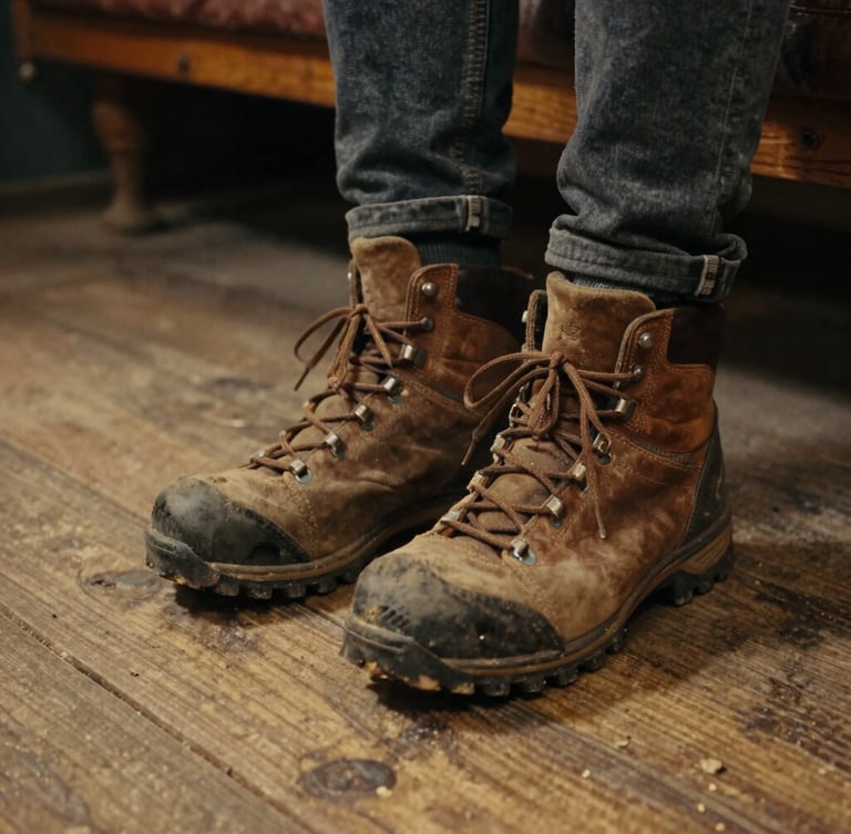 Intimate close-up of dusty leather hiking boots resting on a rustic wooden train floor, warm cinematic light, earthy tones, candid documentary style