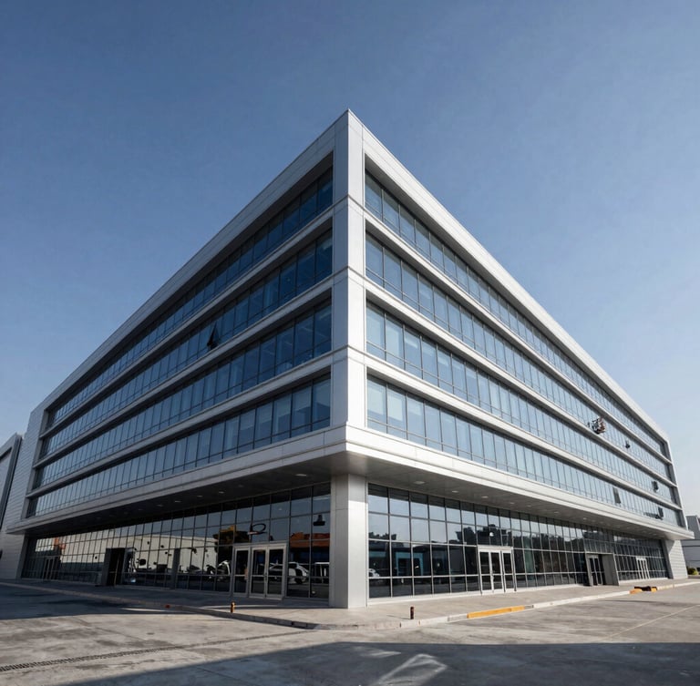 Low-angle architectural perspective of a modern, high-end logistics terminal in Dubai, clean steel and glass structure under crisp daylight, silver highlights, deep navy shadows.