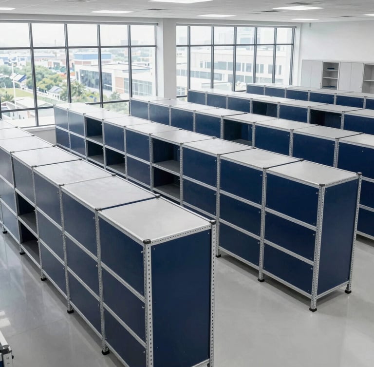 Wide-angle interior of a high-end, clean corporate logistics facility, automated shelving units, cool daylight filtering through high windows, silver and deep navy tones.