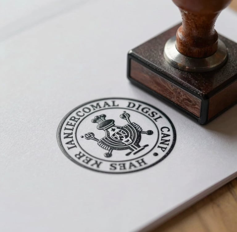Macro close-up of an official embossed legal stamp being pressed onto thick paper, soft natural office daylight, shallow depth of field.
